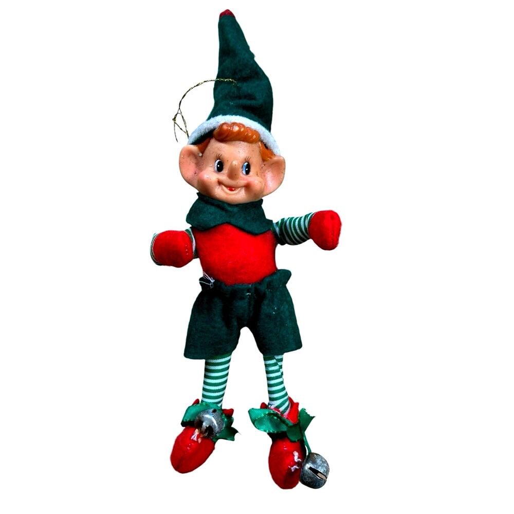 Vintage Elf Pixie Christmas Green White Red Felt Plastic Face Pose Hugger 50s